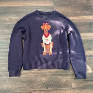 Porridge Dog Graphic Intarsia Knit Sweater Navy Blue Preppy Pullover Small S
